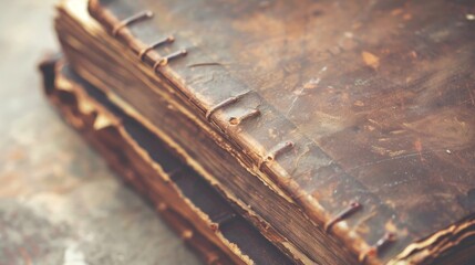 An old, textured leather-bound book lies on a wooden surface, symbolizing history and knowledge. - obrazy, fototapety, plakaty