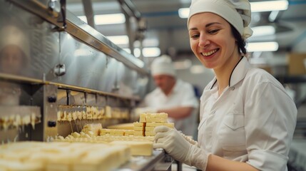 Efficient cheese production line with workers in a modern factory