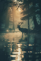 Silhouette of wild Male deer by the river in deep forest at misty morning light
