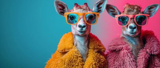 Two llamas with human bodies don eccentric coats and sunglasses, creating an amusing and artistic composition - obrazy, fototapety, plakaty
