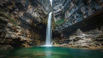 Fototapeta na wymiar A breathtaking view of a majestic waterfall cascading down a sheer rock face into a clear, emerald pool below.