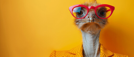 An ostrich stares comically at the camera, wearing a yellow polka-dot shirt and oversized pink sunglasses - obrazy, fototapety, plakaty