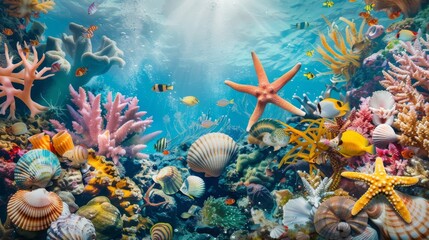 Colorful Underwater Collage of Sea Creatures AI Generated. - obrazy, fototapety, plakaty