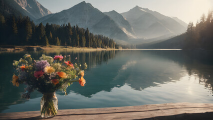  Flower bouquet in vase on wooden plunks with a nature landscape  background . AI generated image, ai