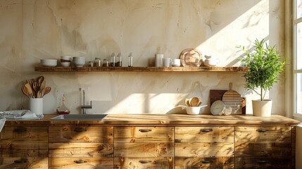 Warm sunlight in a rustic minimalist kitchen with wooden elements and potted plant