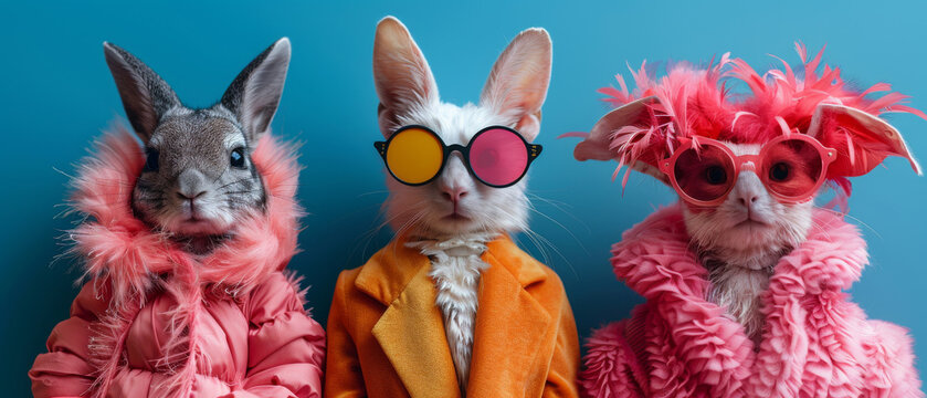 A charming image of three rabbits in trendy outfits, showcasing their distinct fashionable personalities