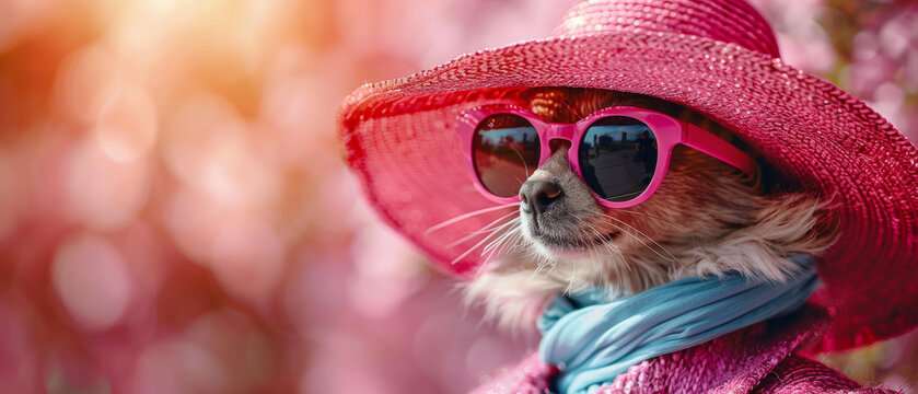 This whimsical image captures a dog dressed in a bright pink sunhat and cool sunglasses, showcasing personality and style