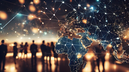 International business partnership. Business people standing silhouette on world map background, Global business concept. Global business concept, generative ai.