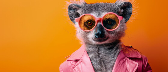 Lemur in pink leather jacket over vivid orange background embodies a fashionable and bold look - obrazy, fototapety, plakaty