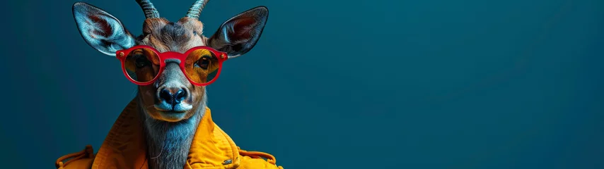 Foto auf Acrylglas A modern twist on wildlife, this image features a deer dressed in fashion attire with red sunglasses and a vibrant yellow jacket © Daniel