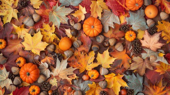 Cozy Autumn Collage Background with Leaves, Pumpkins & Acorns