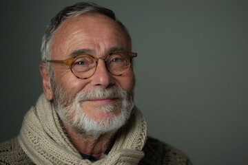 Obraz premium Elderly man smiling at camera. A close-up portrait of an elderly, man with a warm smile, wearing fashionable clothes.