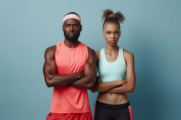 Male and female athletes stand together, gender equality in sports. Portrait of active sporty couple posing on bright background