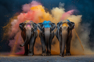 Full-length three elephants, with colored powder explosion on holi Festival of Colors parade, with empty background