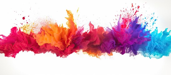 A vibrant art event featuring a rainbow of colorful powder explosions on a white background, creating a mesmerizing pattern of magenta petals and rectangles