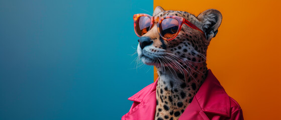 A trendsetting leopard sporting red eyewear and a pink jacket against a two-tone background - obrazy, fototapety, plakaty