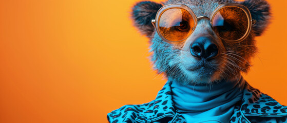 Elegantly dressed bear with stylish glasses and scarf against a two-tone backdrop, exuding sophistication - obrazy, fototapety, plakaty
