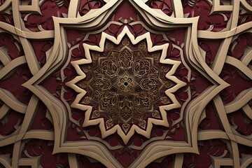 burgundy and beige islamic octagonal ornament with curved pattern on dark brown background 3