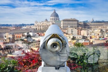Binoculars on Sightseeing Terrace in Rome, Italy - obrazy, fototapety, plakaty