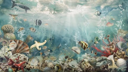 Whimsical Underwater Collage with Sea Creatures AI Generated.