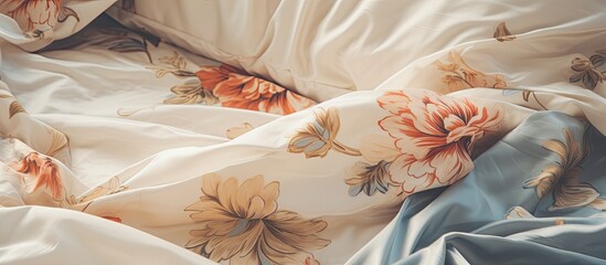 A bed adorned with a peach floral comforter and matching pillows, creating a cozy and stylish atmosphere. The floral design adds a touch of art to the room