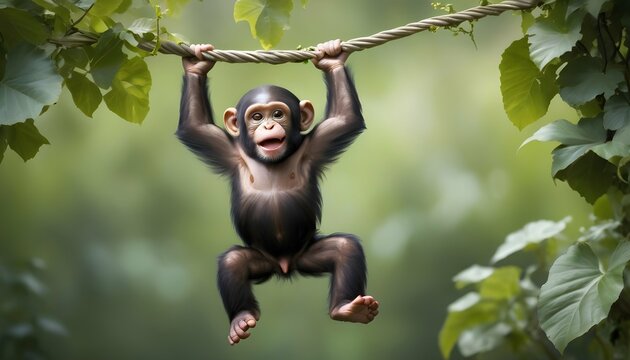 A Playful Baby Chimpanzee Swinging From Vine To VI Upscaled 68