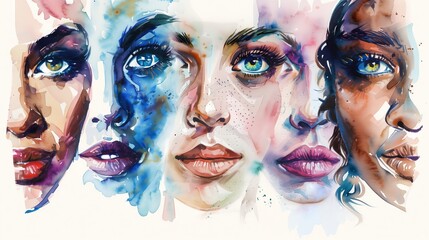 Collage of women's faces with beautiful eyes watercolor illustration paint. 8 March International Women's day holiday. Mother's day. Diverse women's eyes