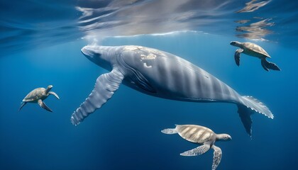 A Blue Whale Swimming Past A Group Of Sea Turtles