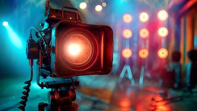 camera with an illuminating light was set up in front of the stage, creating an atmosphere full of movie theater and film production vibes. seamless looping 4k time-lapse video background 