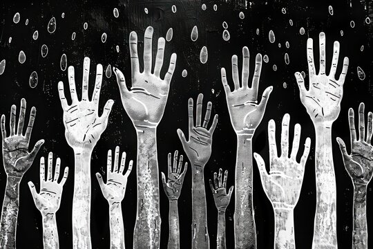 Hands raised up, black and white drawing. Protest against racial discrimination. Generative AI