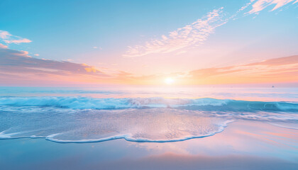 Fototapeta premium Serene sunrise over a tranquil ocean with gentle waves touching a sandy beach under a pastel-colored sky.
