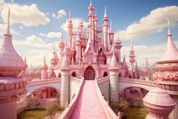 Girly Pink princess castle tower. Story tale. Generate Ai - obrazy, fototapety, plakaty