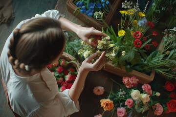 a florist woman collects a bouquet of spring flowers on the table