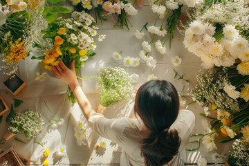 a florist woman collects a bouquet of spring flowers on the table