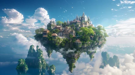 Fotobehang fantasy kingdom on floating isalnd wiht blue sky , fantasy concept art © The Thee Studio