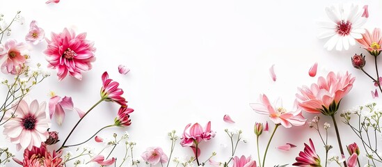 A variety of pink and white flowers, including petals and blossoms, are displayed on a white background. The delicate twigs showcase beautiful magenta hues, creating a stunning piece of floral art