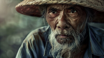 serious old  asian farmer with asia straw hat, - obrazy, fototapety, plakaty