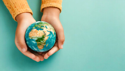 Close-up of Earth globe planet in the tender hands of a child on teal background with copy space. Cupped hands holding a world globe. Earth day concept. Generative Ai.