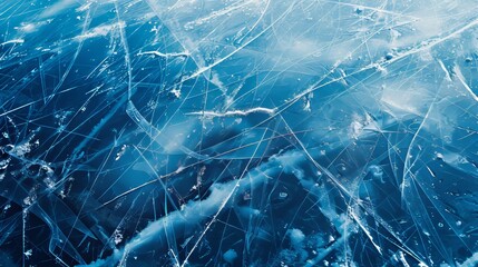 The marked surface of ice, bearing the traces of skating and hockey activities, presented in a cool blue tone