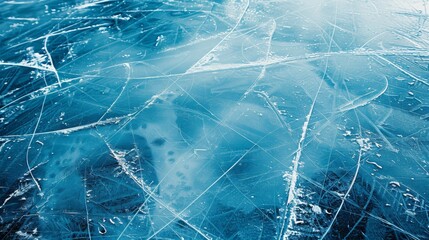 The marked surface of ice, bearing the traces of skating and hockey activities, presented in a cool blue tone