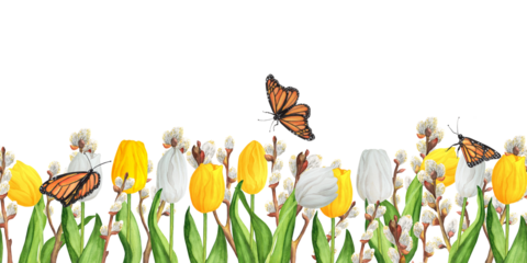 Hand-drawn watercolor illustration. Seamless floral border with colorful white and yellow tulips and pussy-willow branches and butterflies