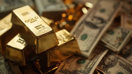 The portrayal of wealth and stability through the imagery of gold bars accompanied by dollar notes - obrazy, fototapety, plakaty
