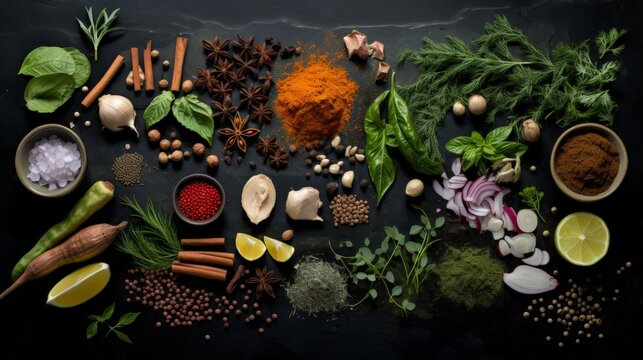 Knolling picture showing fresh herbs and spices. Laid out on a dark slate counter 
