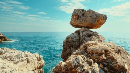 The serene balance of rock formations against the tranquil backdrop of the sea, symbolizing harmony and stability in nature
