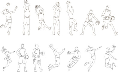 men playing basketball sketch set, vector