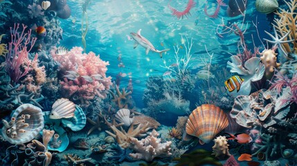 Surreal Underwater Fantasy with Sea Creatures AI Generated. - obrazy, fototapety, plakaty