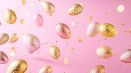 Fototapeta na wymiar Easter eggs of gold and pink color flying and levitating on a pink background, minimal creative Easter layout for congratulations.