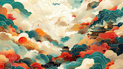 Chinese Traditional Art Digital Illustration Design with Palace Ancient Architecture Mountains Cloud Abstract Landscape Panorama Background Template Wallpaper White Green Red Color Tone 16:9