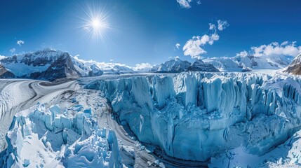 A panoramic view of a pristine glacier, with towering ice cliffs and deep blue crevasses, under a...