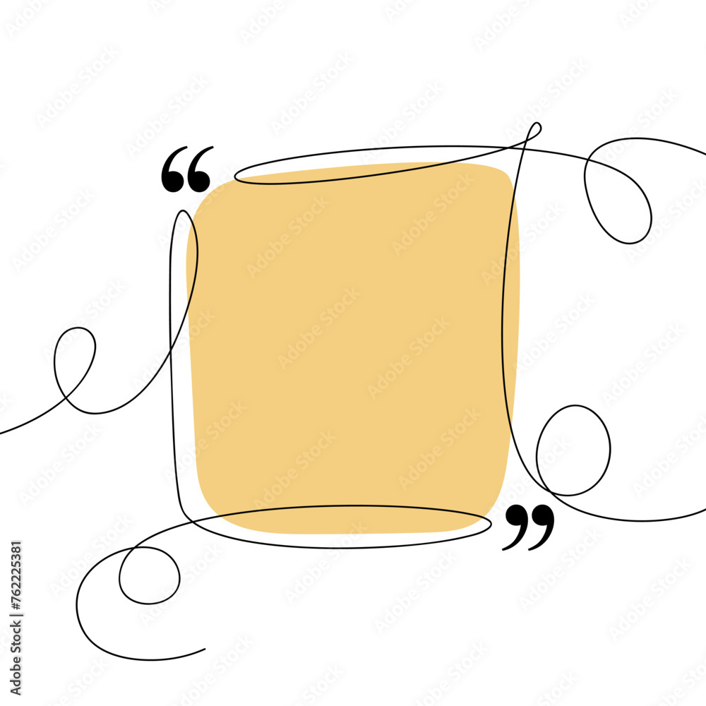 Poster Square quote frame. Speech bubble line art. Continuous black lines with quotation marks. Hand drawn sketch outline. Vector illustration.